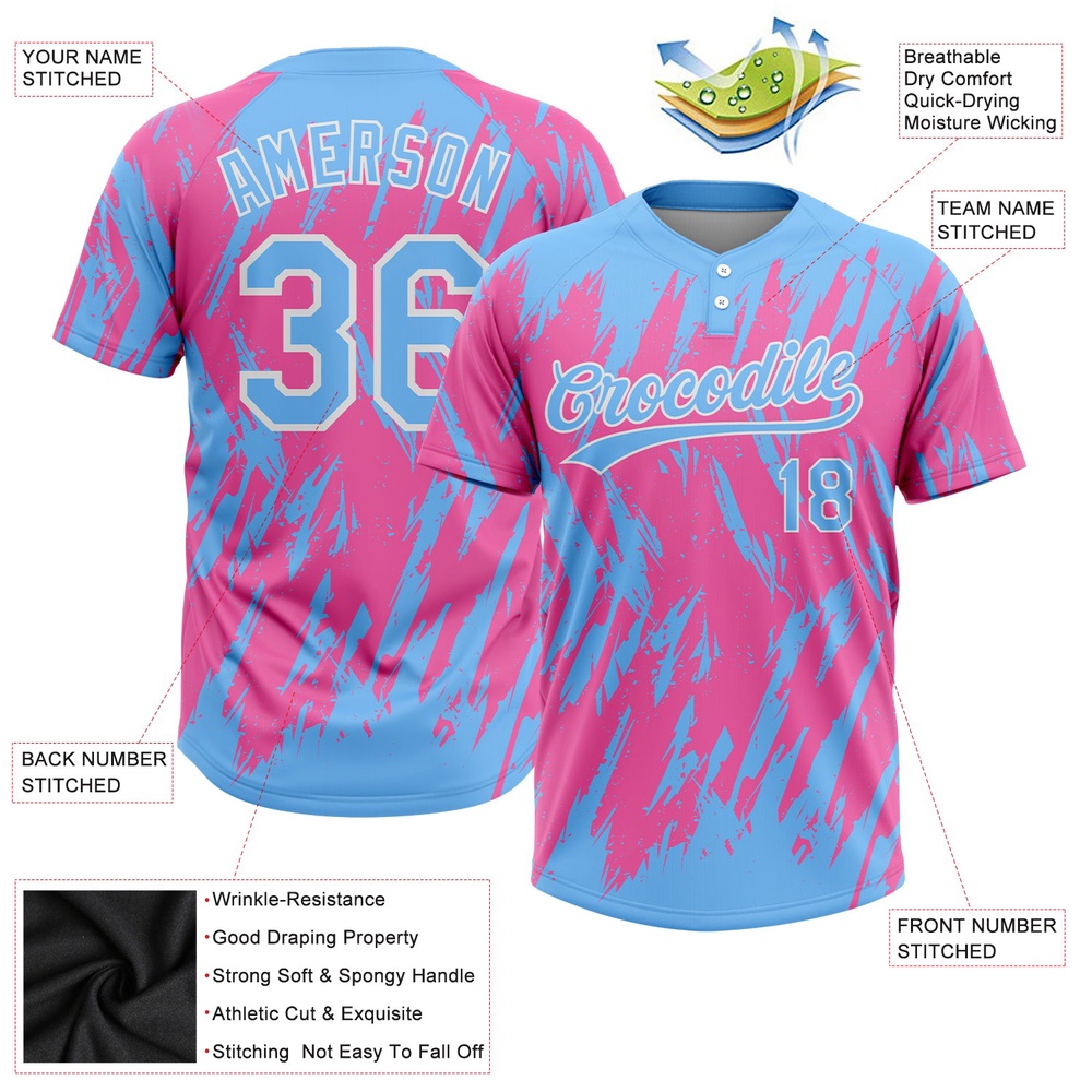 Pink Powder Blue White 3D Pattern Two Button Unisex Softball Jersey, Custom Team Softball Jersey Pink Powder Blue White 3D Pattern Two Button Unisex Softball Jersey, Custom Team Softball Jersey