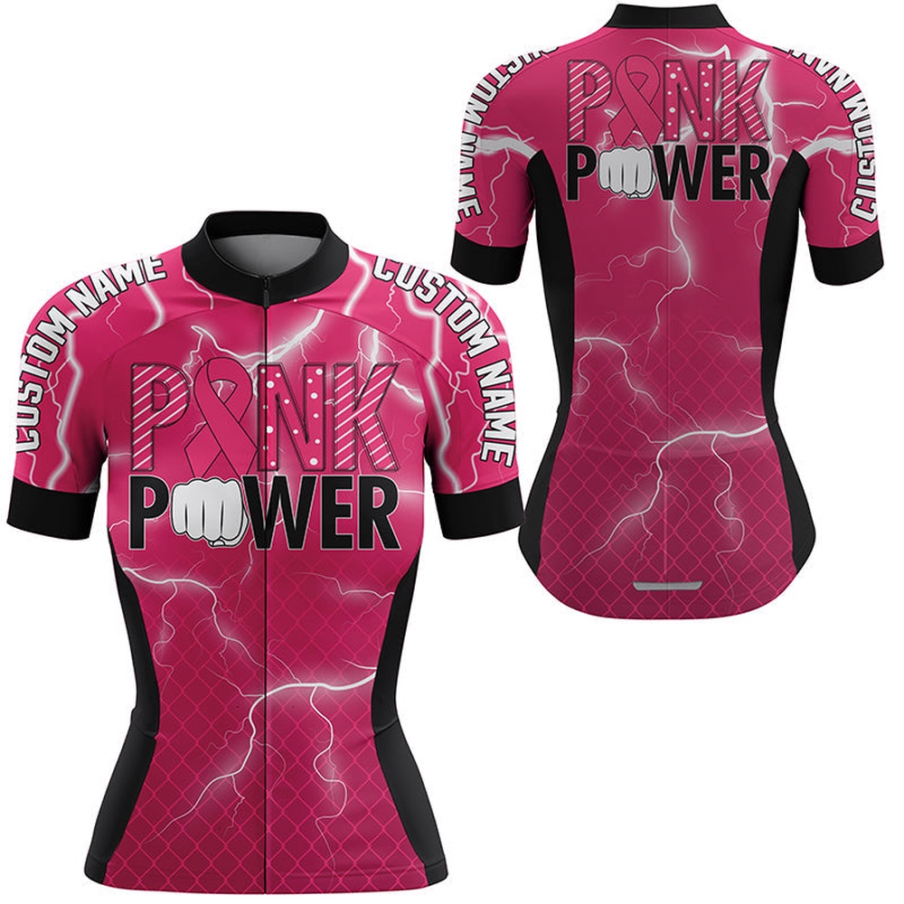 Pink Power Cycling Jersey Womens Bike Shirts Girls Breathable Biking Tops With 3 Pockets And Zipper, Custom Mono Cycling Jersey