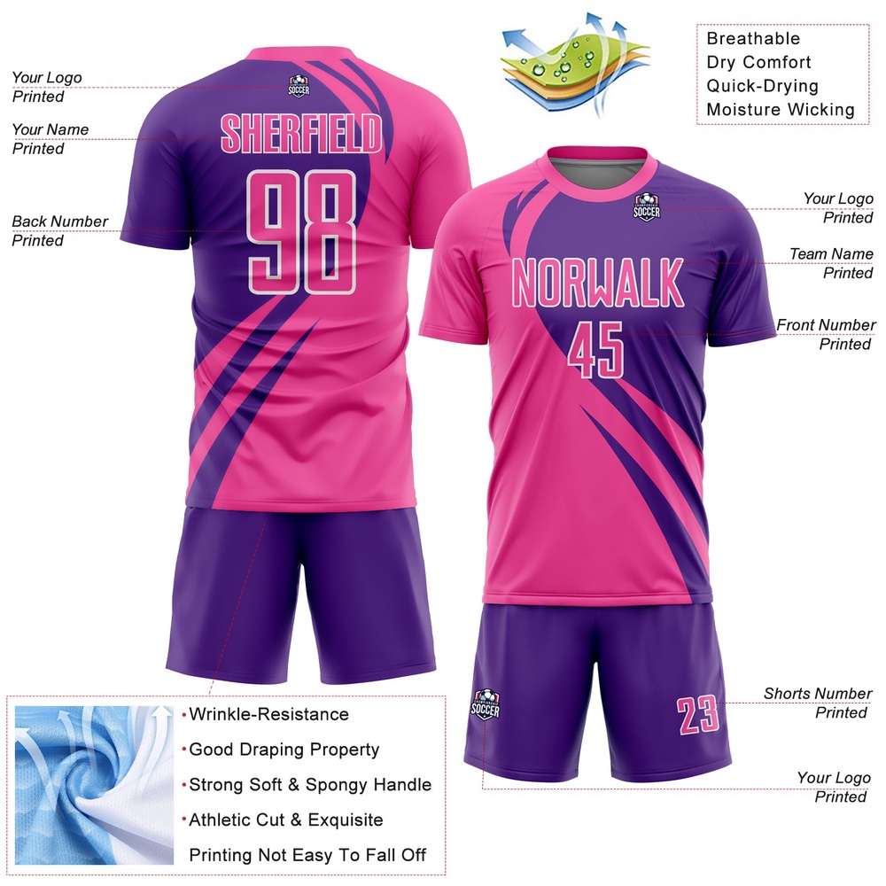 Pink Purple White Curve Lines Sublimation Soccer Uniform Jersey, Custom Team Soccer Jersey Shirt Pink Purple White Curve Lines Sublimation Soccer Uniform Jersey, Custom Team Soccer Jersey Shirt
