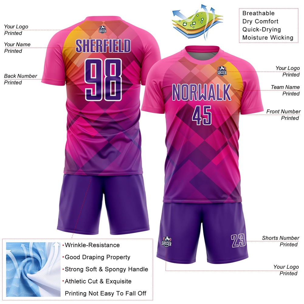 Pink Purple White Geometric Shapes Sublimation Soccer Uniform Jersey, Custom Team Soccer Jersey Shirt Pink Purple White Geometric Shapes Sublimation Soccer Uniform Jersey, Custom Team Soccer Jersey Shirt