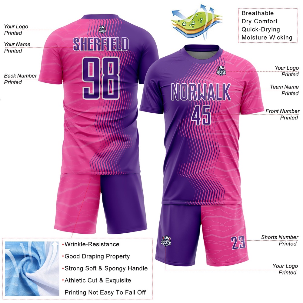 Pink Purple White Gradient Arrow Sublimation Soccer Uniform Jersey, Custom Team Soccer Jersey Shirt Pink Purple White Gradient Arrow Sublimation Soccer Uniform Jersey, Custom Team Soccer Jersey Shirt