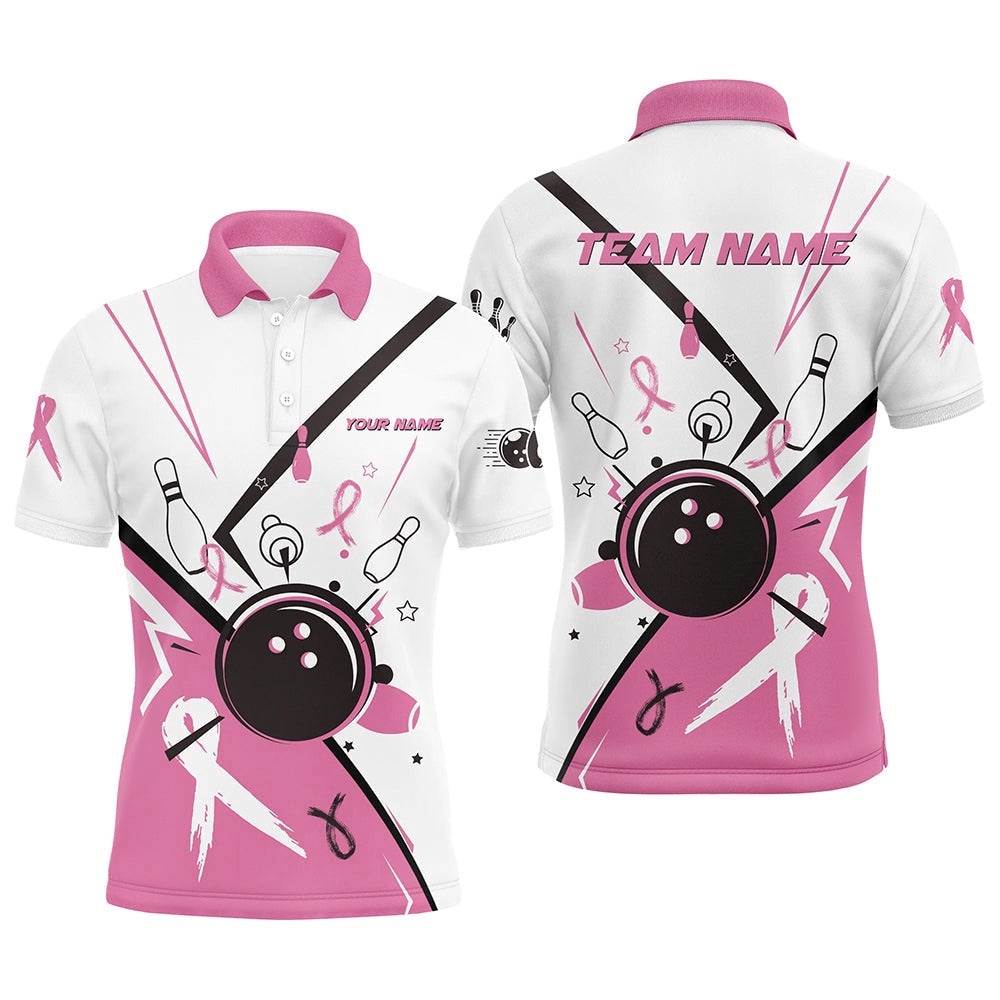 Pink Ribbon Breast Cancer Awareness Bowling Polo Shirt Custom Team Bowling Polo Shirt For Men White, Personalized Bowling Team Shirt