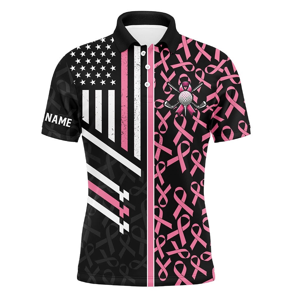 Pink Ribbon Pattern American Flag Men Golf Polo Shirts Custom Breast Cancer Awareness Golf Shirts, Golf Polo Shirt, Golf Shirts