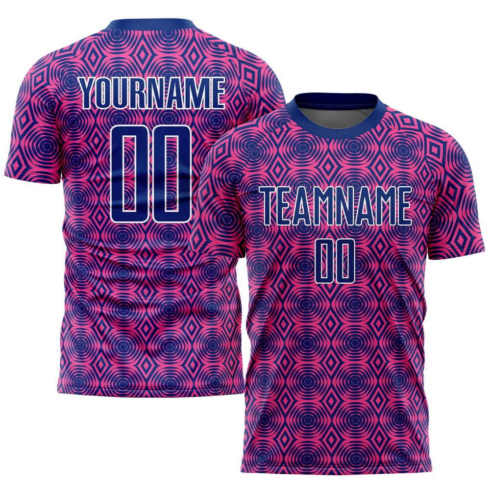 Pink Royal White Geometric Shapes Sublimation Soccer Uniform Jersey, Custom Team Soccer Jersey Shirt Pink Royal White Geometric Shapes Sublimation Soccer Uniform Jersey, Custom Team Soccer Jersey Shirt