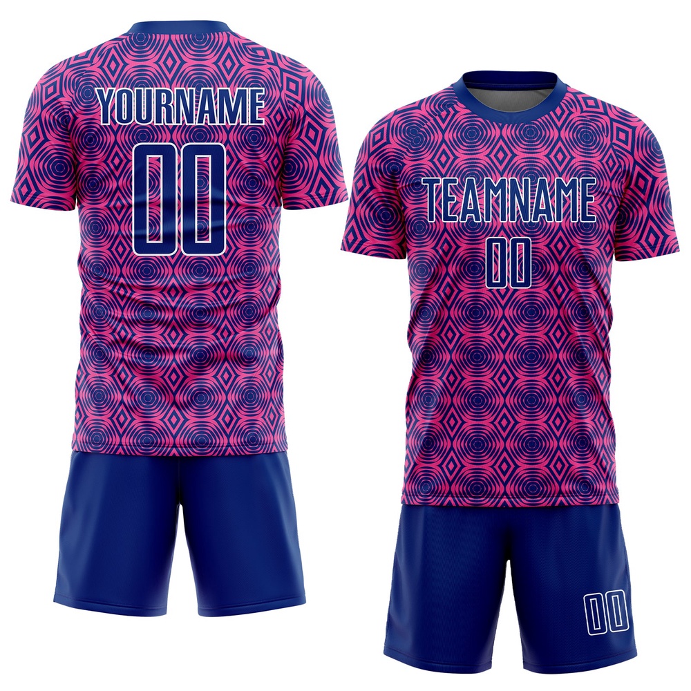 Pink Royal White Geometric Shapes Sublimation Soccer Uniform Jersey, Custom Team Soccer Jersey Shirt Pink Royal White Geometric Shapes Sublimation Soccer Uniform Jersey, Custom Team Soccer Jersey Shirt