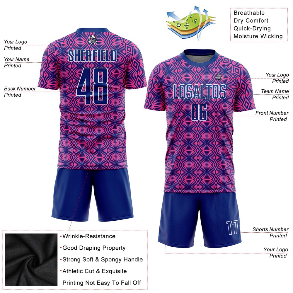 Pink Royal White Geometric Shapes Sublimation Soccer Uniform Jersey, Custom Team Soccer Jersey Shirt Pink Royal White Geometric Shapes Sublimation Soccer Uniform Jersey, Custom Team Soccer Jersey Shirt