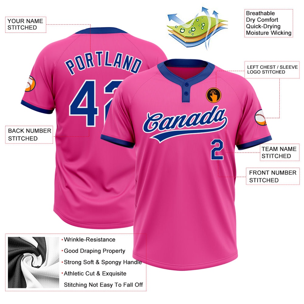 Pink Royal White Two Button Unisex Softball Jersey, Custom Team Softball Jersey Pink Royal White Two Button Unisex Softball Jersey, Custom Team Softball Jersey