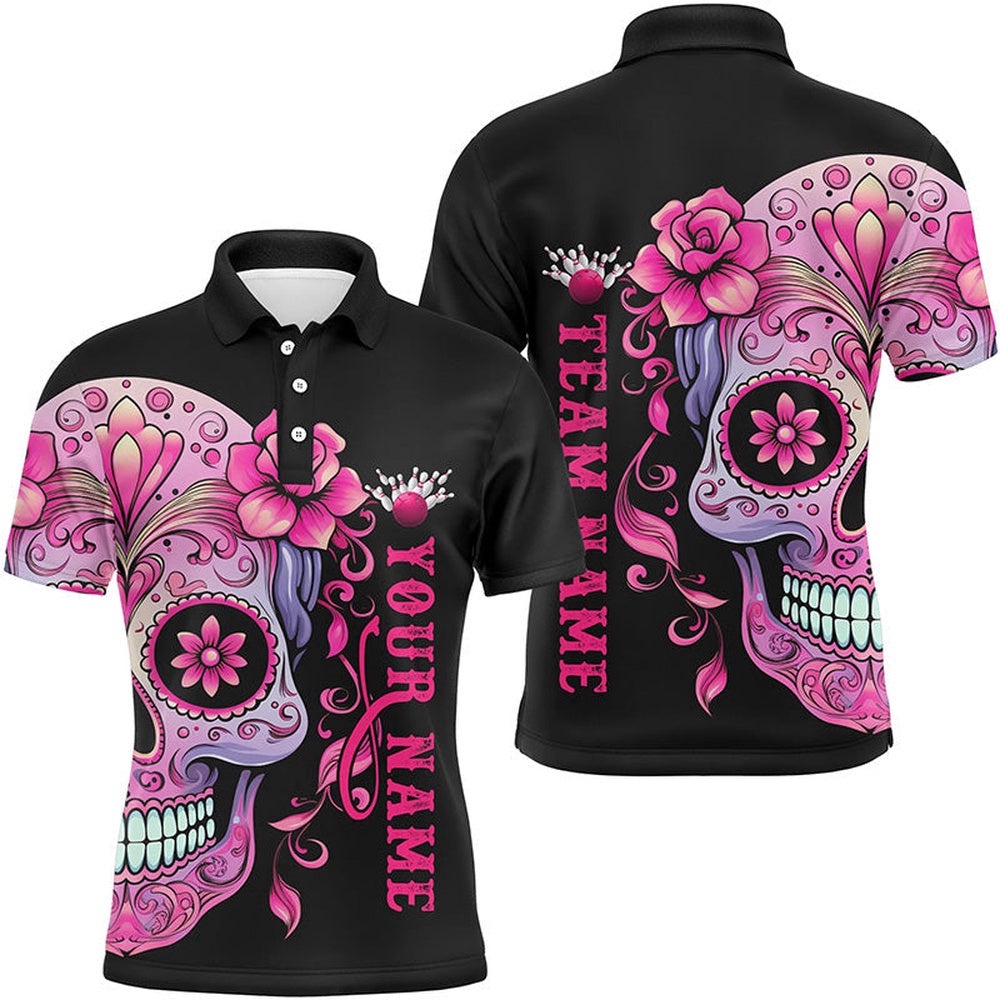 Pink Sugar Skull Tattoo Custom Unisex Team Bowling Polo Shirts, Halloween Team Bowling Polo Shirt, Personalized Bowling Team Shirt Pink Sugar Skull Tattoo Custom Unisex Team Bowling Polo Shirts, Halloween Team Bowling Polo Shirt, Personalized Bowling Team Shirt