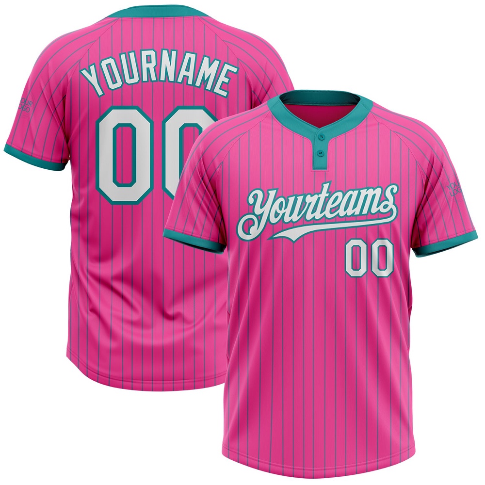 Pink Teal Pinstripe White Two Button Unisex Softball Jersey, Custom Team Softball Jersey Pink Teal Pinstripe White Two Button Unisex Softball Jersey, Custom Team Softball Jersey