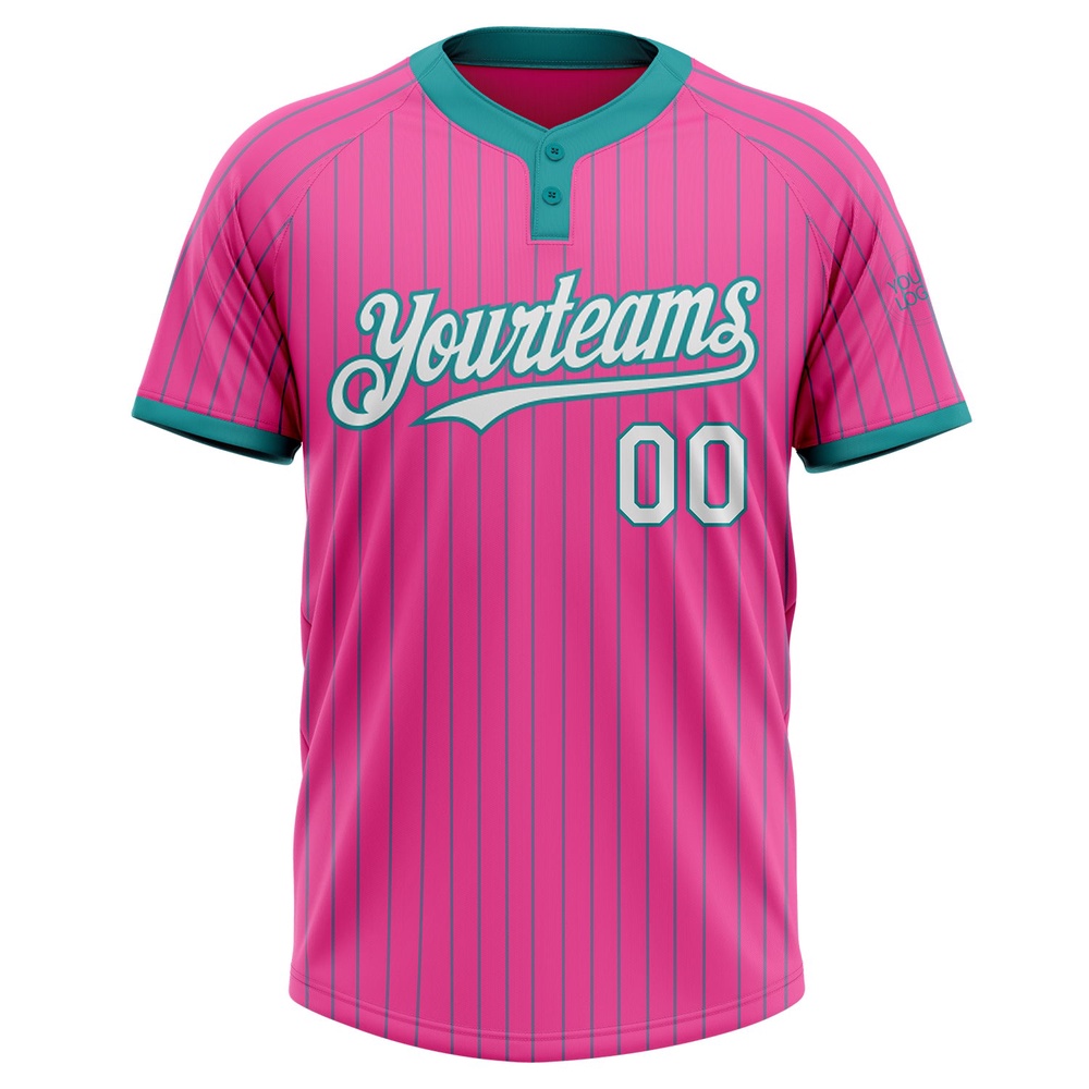 Pink Teal Pinstripe White Two Button Unisex Softball Jersey, Custom Team Softball Jersey Pink Teal Pinstripe White Two Button Unisex Softball Jersey, Custom Team Softball Jersey
