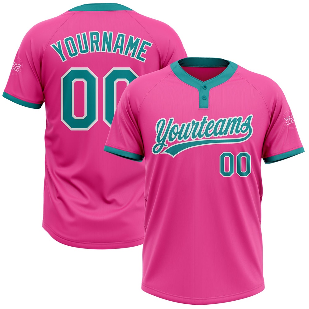 Pink Teal White Two Button Unisex Softball Jersey, Custom Team Softball Jersey Pink Teal White Two Button Unisex Softball Jersey, Custom Team Softball Jersey