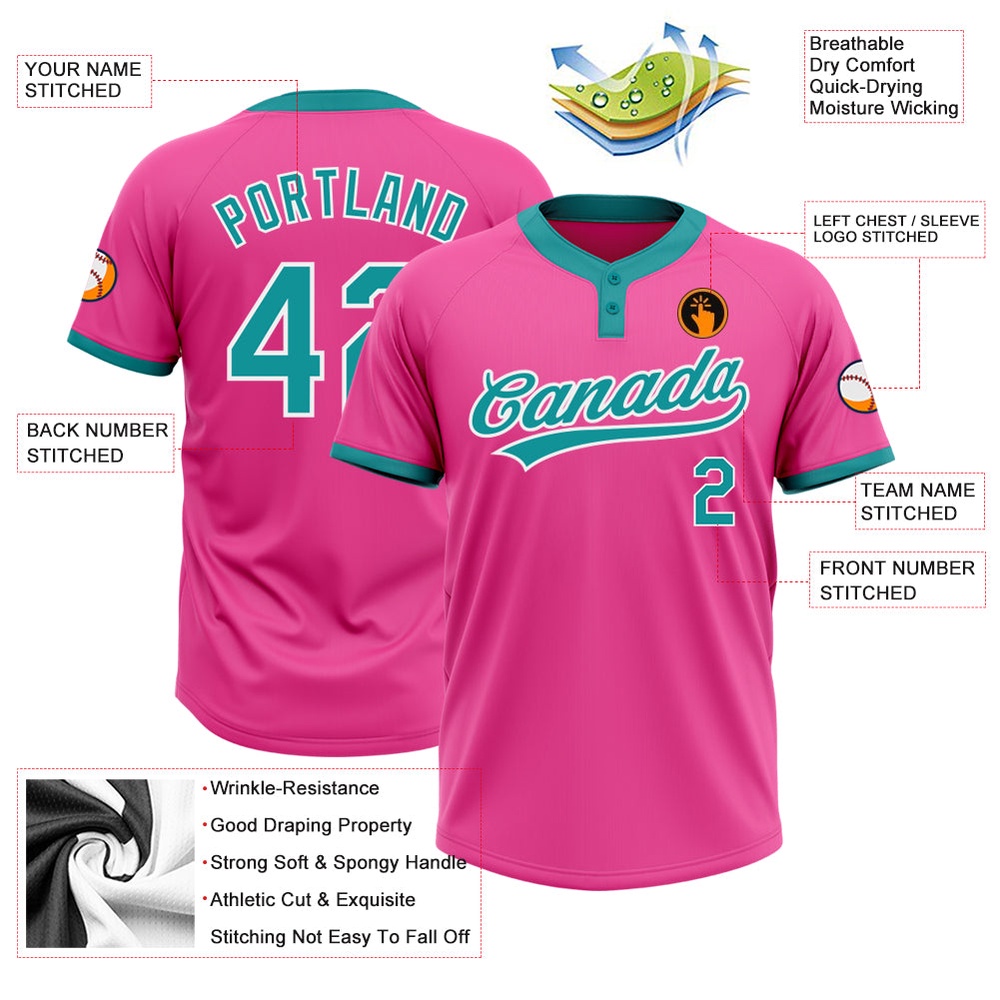 Pink Teal White Two Button Unisex Softball Jersey, Custom Team Softball Jersey Pink Teal White Two Button Unisex Softball Jersey, Custom Team Softball Jersey