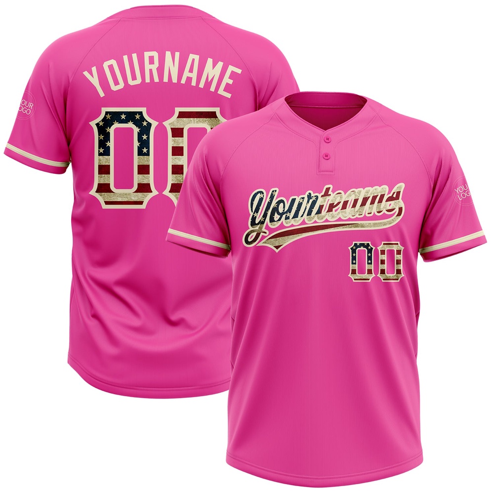 Pink Vintage USA Flag Cream Two Button Unisex Softball Jersey, Custom Team Softball Jersey Pink Vintage USA Flag Cream Two Button Unisex Softball Jersey, Custom Team Softball Jersey