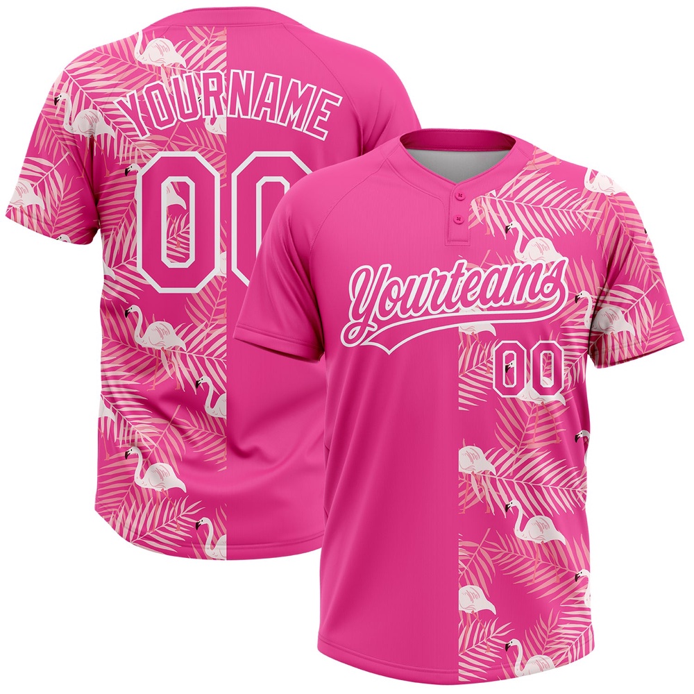 Pink White 3D Pattern Tropical Palm Leaves And Famingo Two Button Unisex Softball Jersey, Custom Team Softball Jersey Pink White 3D Pattern Tropical Palm Leaves And Famingo Two Button Unisex Softball Jersey, Custom Team Softball Jersey