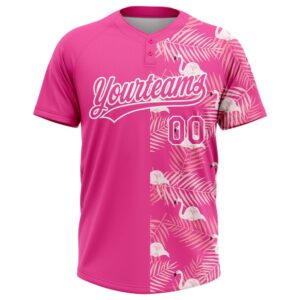 Pink White 3D Pattern Tropical Palm Leaves And Famingo Two Button Unisex Softball Jersey Custom Team Softball Jersey 2 gogkrr.jpg