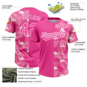 Pink White 3D Pattern Tropical Palm Leaves And Famingo Two Button Unisex Softball Jersey Custom Team Softball Jersey 3 vpj2sl.jpg