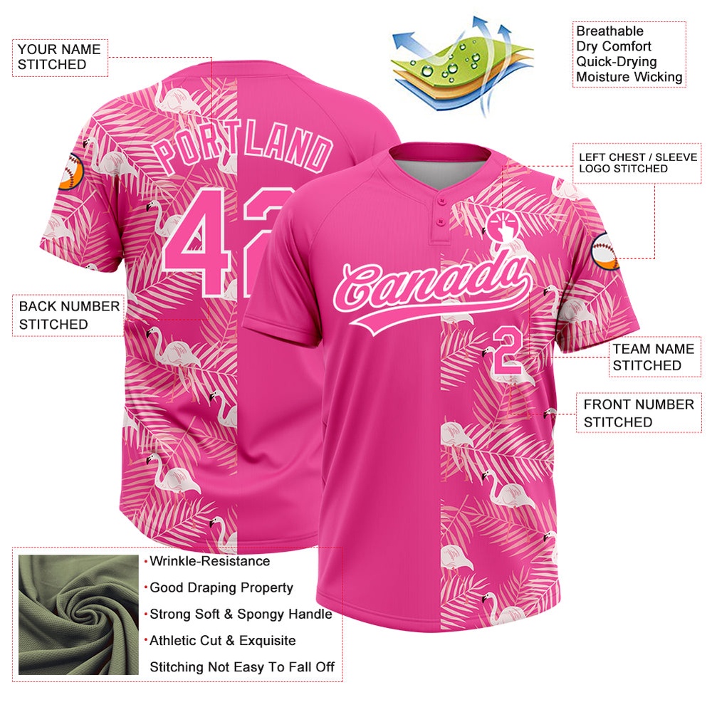 Pink White 3D Pattern Tropical Palm Leaves And Famingo Two Button Unisex Softball Jersey, Custom Team Softball Jersey Pink White 3D Pattern Tropical Palm Leaves And Famingo Two Button Unisex Softball Jersey, Custom Team Softball Jersey