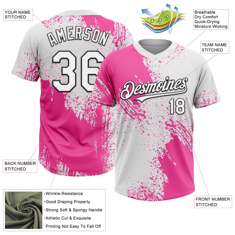 Pink White Black 3D Pattern Abstract Brush Stroke Two Button Unisex Softball Jersey, Custom Team Softball Jersey Pink White Black 3D Pattern Abstract Brush Stroke Two Button Unisex Softball Jersey, Custom Team Softball Jersey