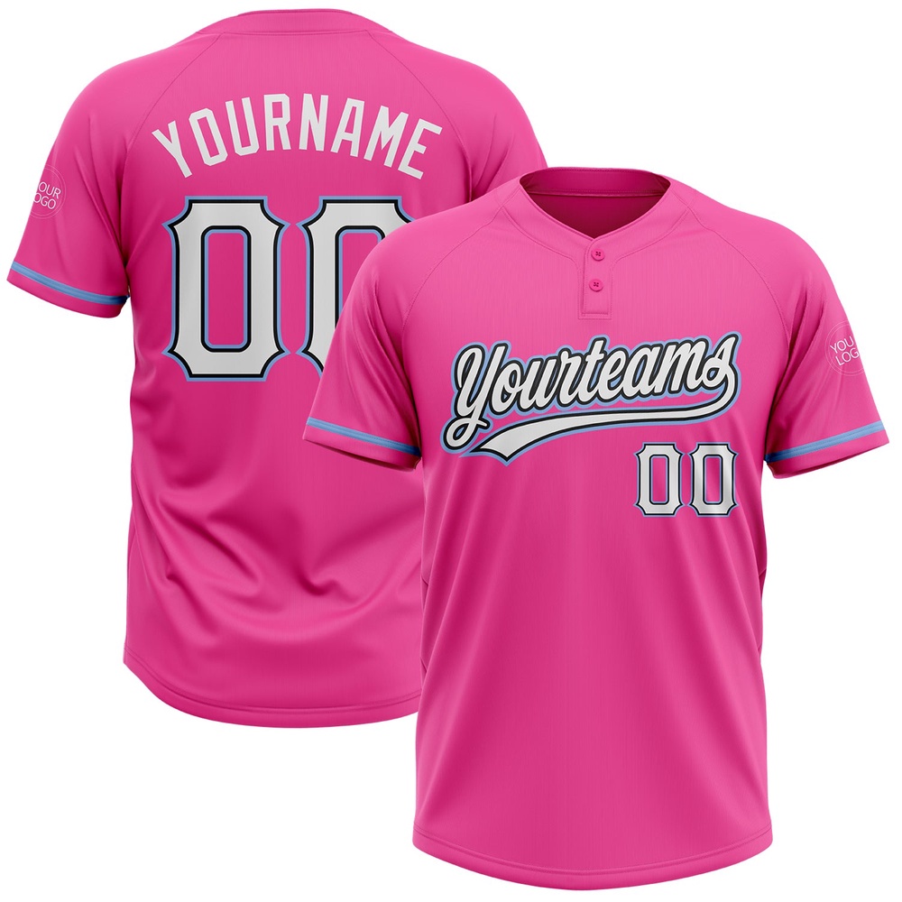 Pink White Black Light Blue Two Button Unisex Softball Jersey, Custom Team Softball Jersey Pink White Black Light Blue Two Button Unisex Softball Jersey, Custom Team Softball Jersey