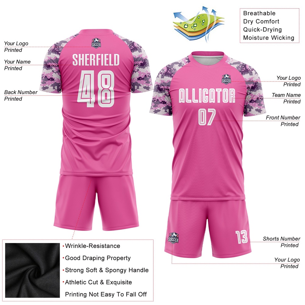 Pink White Camo Sublimation Soccer Uniform Jersey, Custom Team Soccer Jersey Shirt Pink White Camo Sublimation Soccer Uniform Jersey, Custom Team Soccer Jersey Shirt