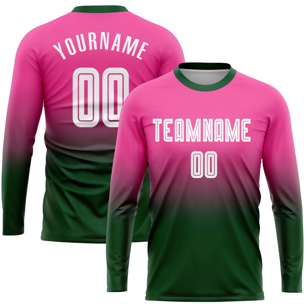 Pink White Green Sublimation Long Sleeve Fade Fashion Soccer Uniform Jersey, Custom Team Soccer Jersey Shirt