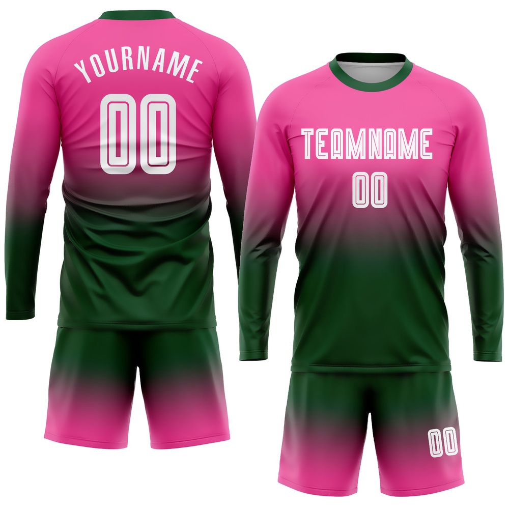 Pink White Green Sublimation Long Sleeve Fade Fashion Soccer Uniform Jersey, Custom Team Soccer Jersey Shirt