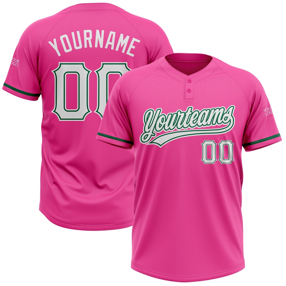 Pink White Kelly Green Two Button Unisex Softball Jersey, Custom Team Softball Jersey Pink White Kelly Green Two Button Unisex Softball Jersey, Custom Team Softball Jersey
