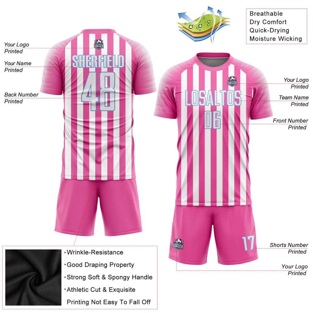 Pink White Light Blue Sublimation Soccer Uniform Jersey, Custom Team Soccer Jersey Shirt Pink White Light Blue Sublimation Soccer Uniform Jersey, Custom Team Soccer Jersey Shirt