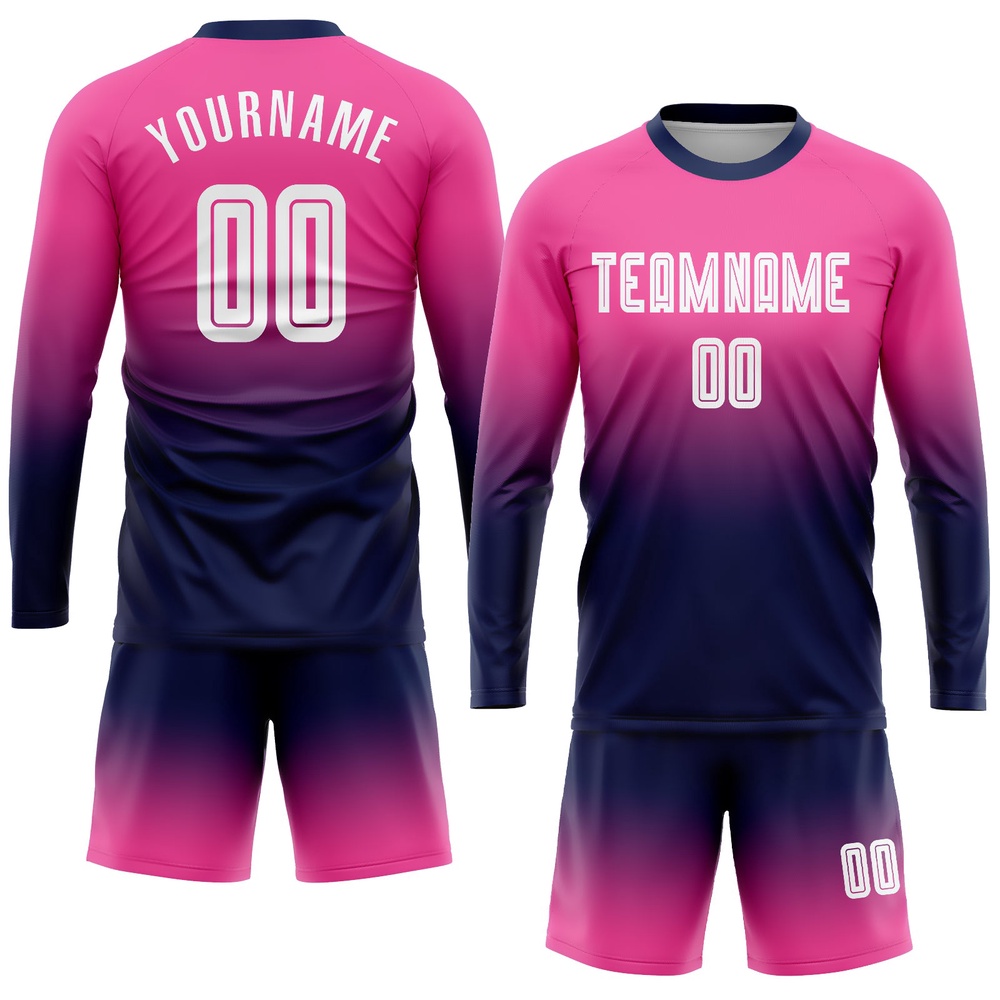 Pink White Navy Sublimation Long Sleeve Fade Fashion Soccer Uniform Jersey, Custom Team Soccer Jersey Shirt Pink White Navy Sublimation Long Sleeve Fade Fashion Soccer Uniform Jersey, Custom Team Soccer Jersey Shirt