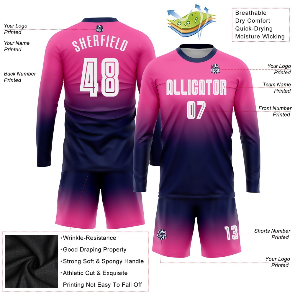 Pink White Navy Sublimation Long Sleeve Fade Fashion Soccer Uniform Jersey, Custom Team Soccer Jersey Shirt Pink White Navy Sublimation Long Sleeve Fade Fashion Soccer Uniform Jersey, Custom Team Soccer Jersey Shirt
