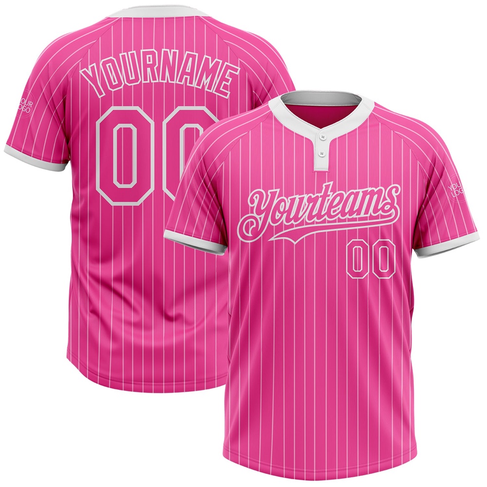 Pink White Pinstripe White Two Button Unisex Softball Jersey, Custom Team Softball Jersey Pink White Pinstripe White Two Button Unisex Softball Jersey, Custom Team Softball Jersey