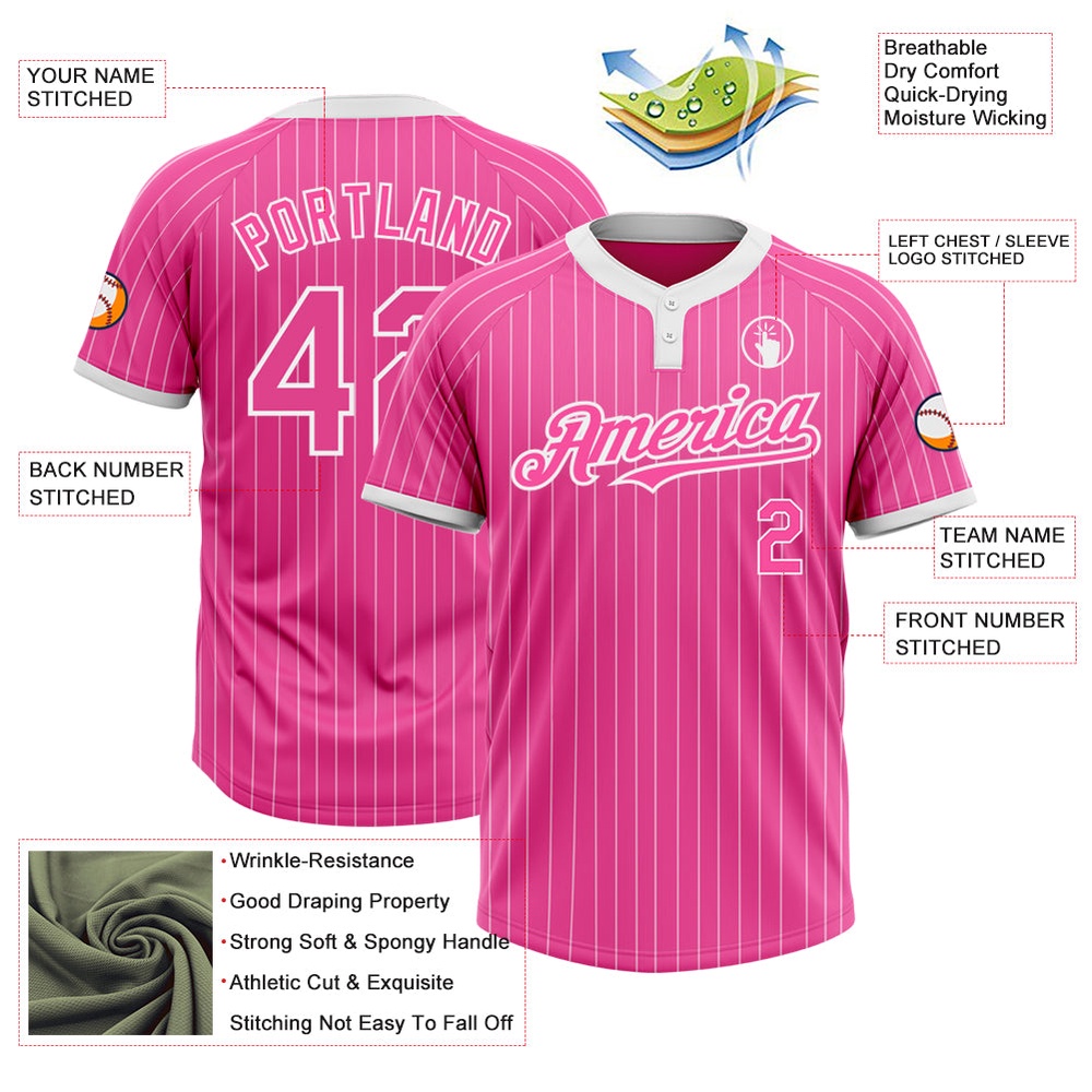 Pink White Pinstripe White Two Button Unisex Softball Jersey, Custom Team Softball Jersey Pink White Pinstripe White Two Button Unisex Softball Jersey, Custom Team Softball Jersey