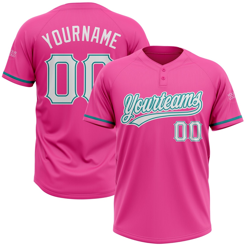 Pink White Teal Two Button Unisex Softball Jersey, Custom Team Softball Jersey Pink White Teal Two Button Unisex Softball Jersey, Custom Team Softball Jersey