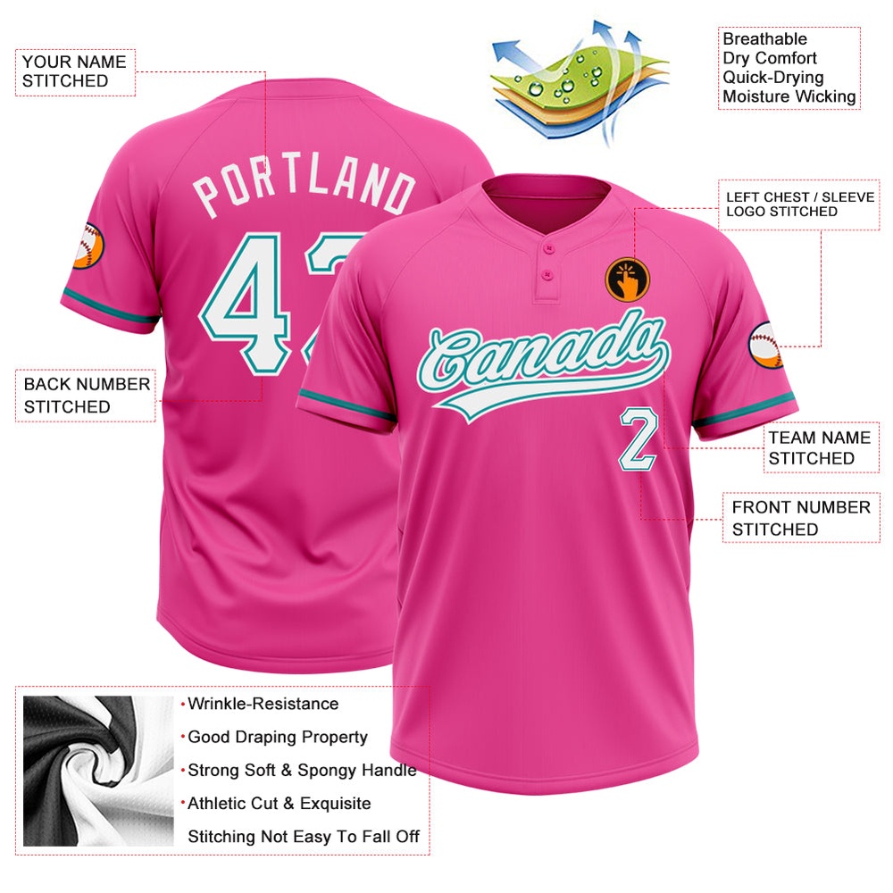Pink White Teal Two Button Unisex Softball Jersey, Custom Team Softball Jersey Pink White Teal Two Button Unisex Softball Jersey, Custom Team Softball Jersey
