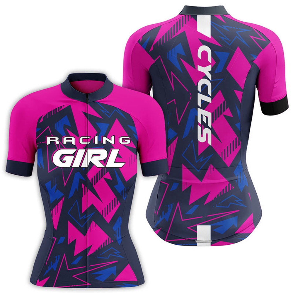 Pink Women Cycling Jersey With 3 Pockets Racing Girl Jersey Custom Name Ladies Bike Clothes, Custom Mono Cycling Jersey