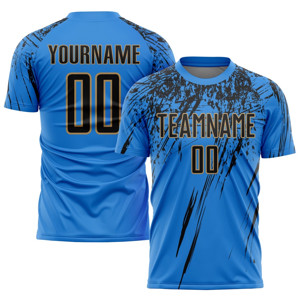 Powder Blue Black Old Gold Sublimation Soccer Uniform Jersey, Custom Team Soccer Jersey Shirt Powder Blue Black Old Gold Sublimation Soccer Uniform Jersey, Custom Team Soccer Jersey Shirt