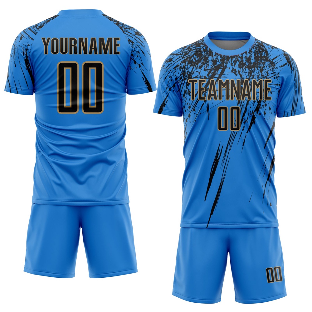 Powder Blue Black Old Gold Sublimation Soccer Uniform Jersey, Custom Team Soccer Jersey Shirt Powder Blue Black Old Gold Sublimation Soccer Uniform Jersey, Custom Team Soccer Jersey Shirt