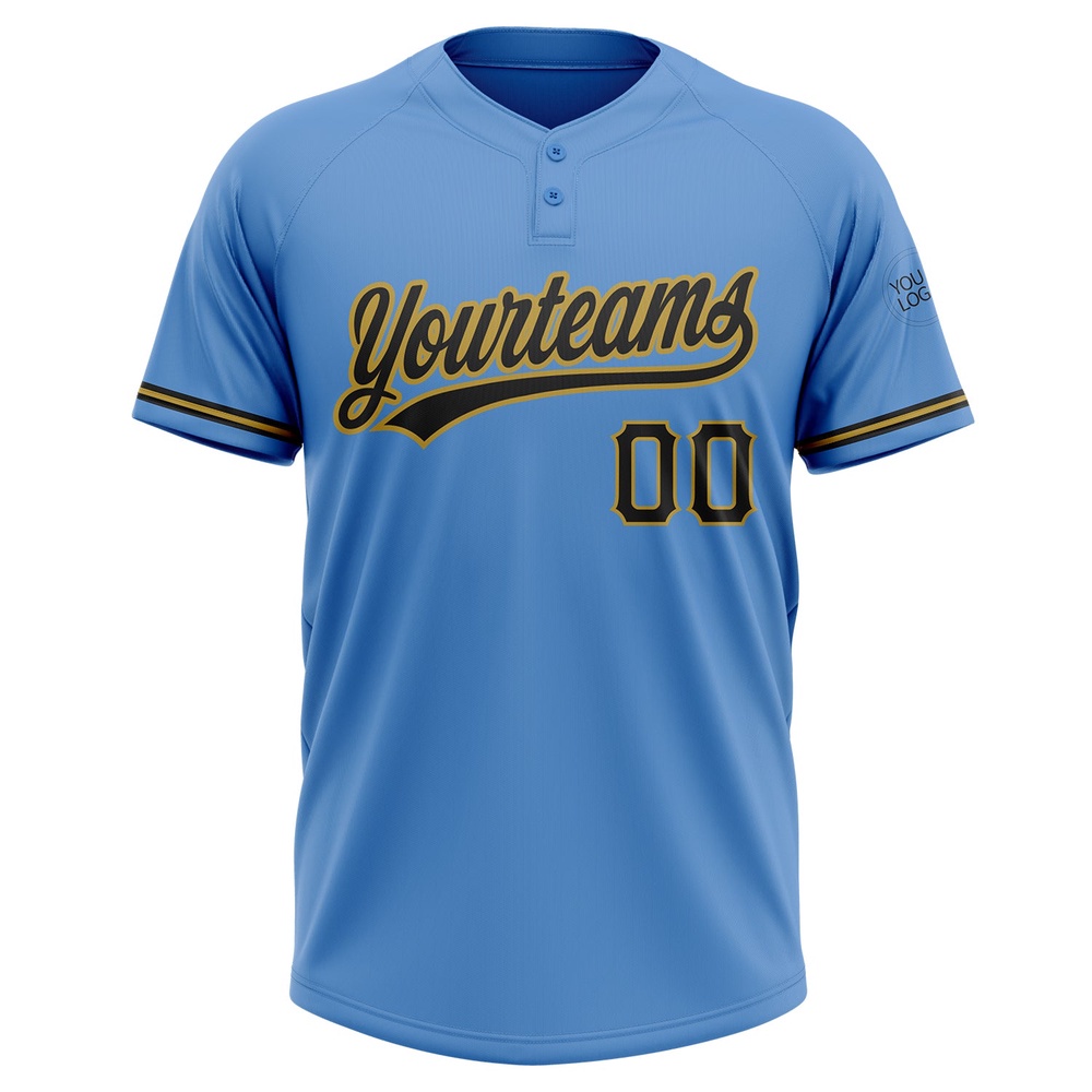 Powder Blue Black Old Gold Two Button Unisex Softball Jersey, Custom Team Softball Jersey Powder Blue Black Old Gold Two Button Unisex Softball Jersey, Custom Team Softball Jersey