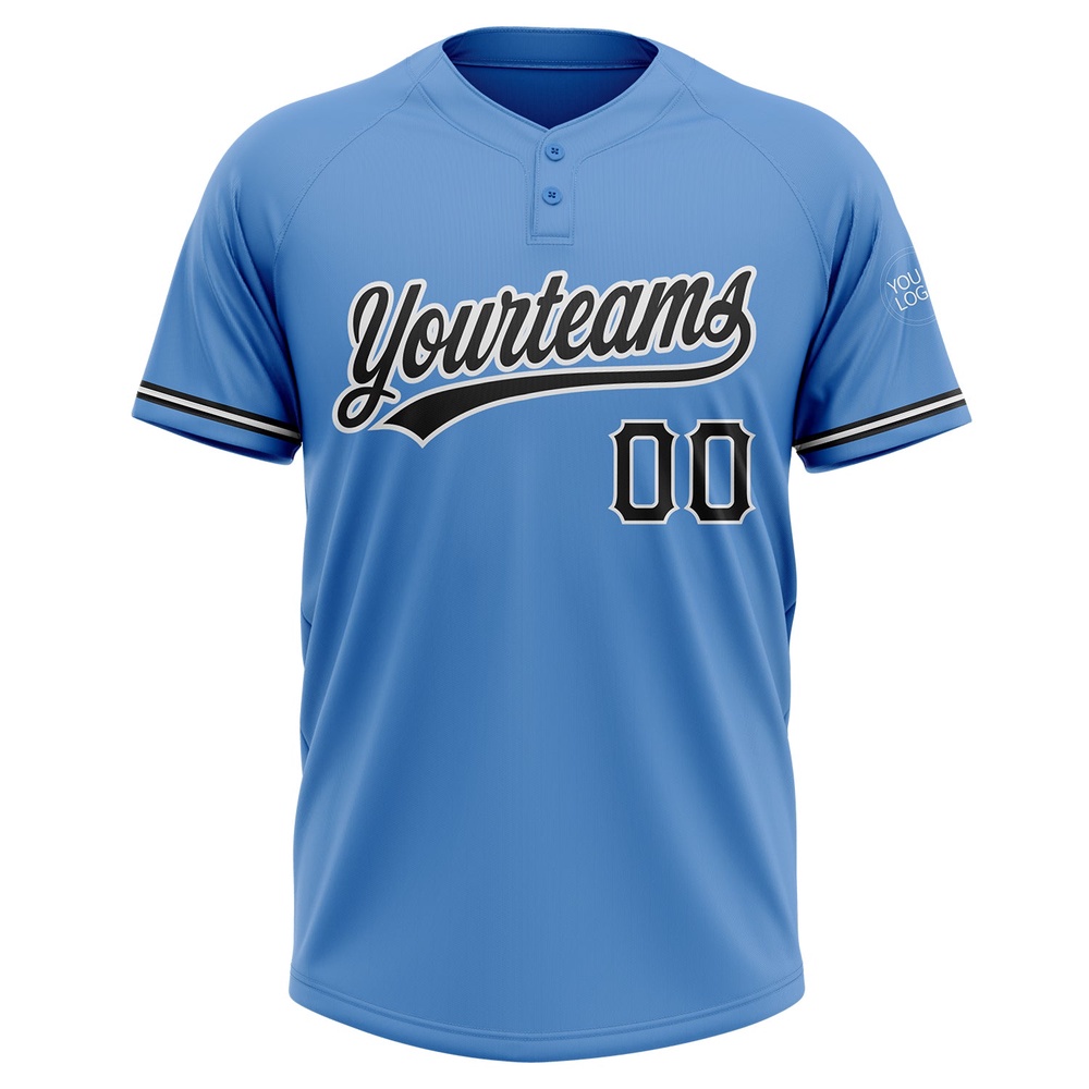 Powder Blue Black White Two Button Unisex Softball Jersey, Custom Team Softball Jersey Powder Blue Black White Two Button Unisex Softball Jersey, Custom Team Softball Jersey