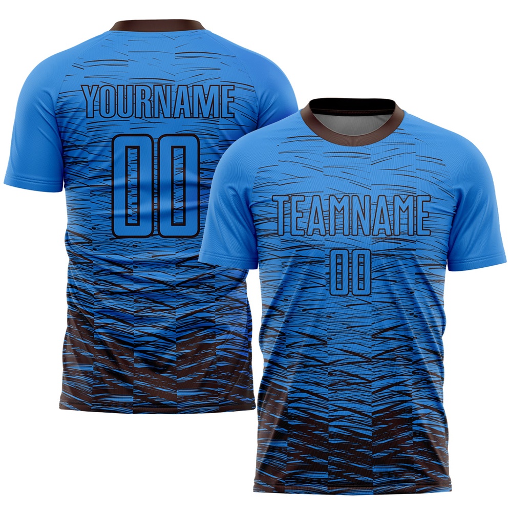 Powder Blue Brown Sublimation Soccer Uniform Jersey, Custom Team Soccer Jersey Shirt Powder Blue Brown Sublimation Soccer Uniform Jersey, Custom Team Soccer Jersey Shirt
