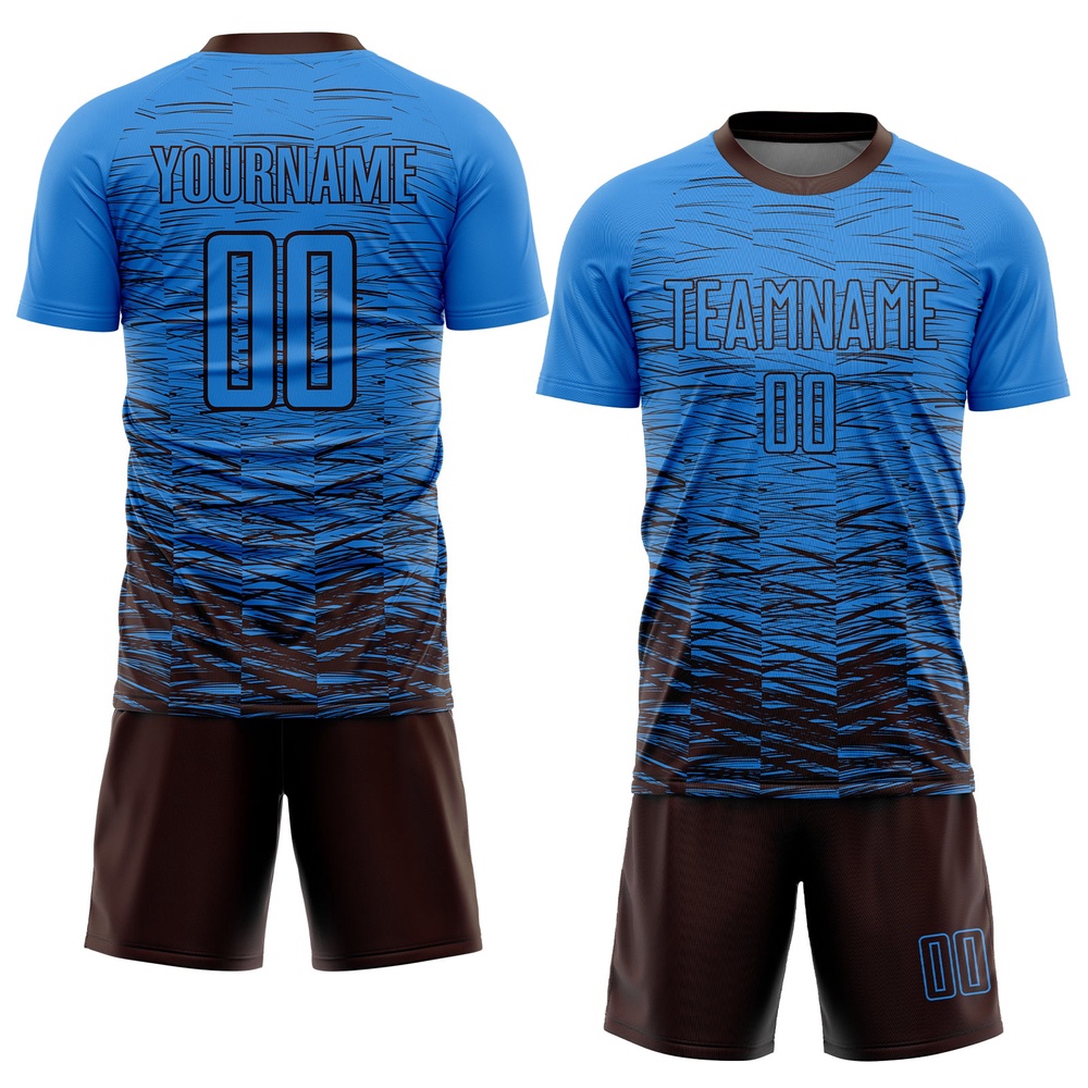 Powder Blue Brown Sublimation Soccer Uniform Jersey, Custom Team Soccer Jersey Shirt Powder Blue Brown Sublimation Soccer Uniform Jersey, Custom Team Soccer Jersey Shirt