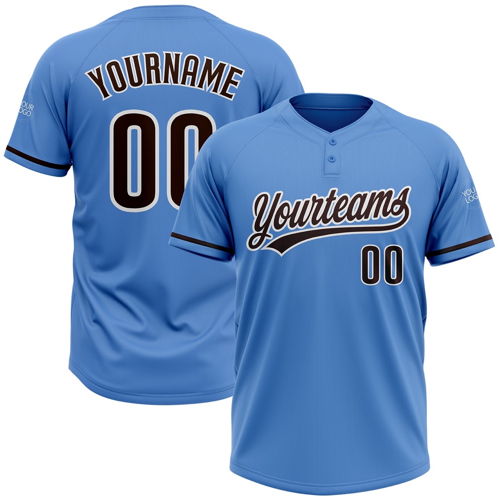 Powder Blue Brown White Two Button Unisex Softball Jersey, Custom Team Softball Jersey Powder Blue Brown White Two Button Unisex Softball Jersey, Custom Team Softball Jersey