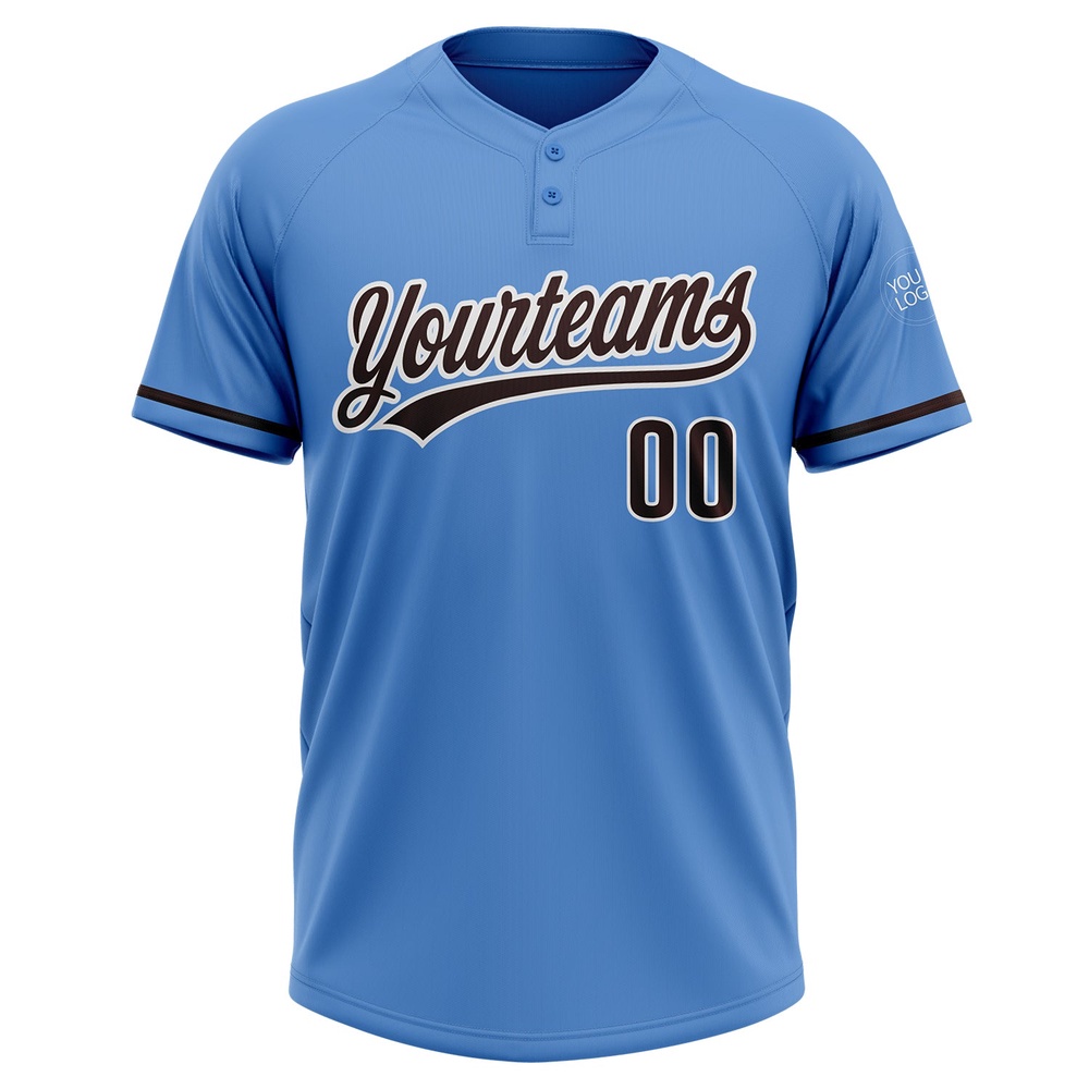 Powder Blue Brown White Two Button Unisex Softball Jersey, Custom Team Softball Jersey Powder Blue Brown White Two Button Unisex Softball Jersey, Custom Team Softball Jersey