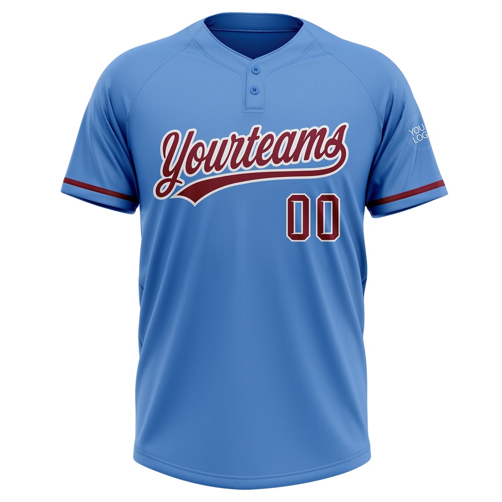 Powder Blue Crimson White Two Button Unisex Softball Jersey, Custom Team Softball Jersey Powder Blue Crimson White Two Button Unisex Softball Jersey, Custom Team Softball Jersey