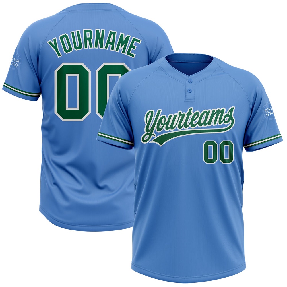 Powder Blue Kelly Green White Two Button Unisex Softball Jersey, Custom Team Softball Jersey Powder Blue Kelly Green White Two Button Unisex Softball Jersey, Custom Team Softball Jersey