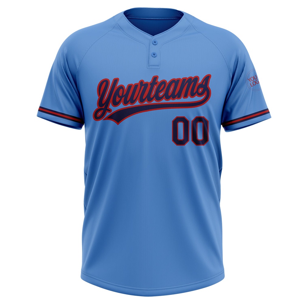 Powder Blue Navy Red Two Button Unisex Softball Jersey, Custom Team Softball Jersey