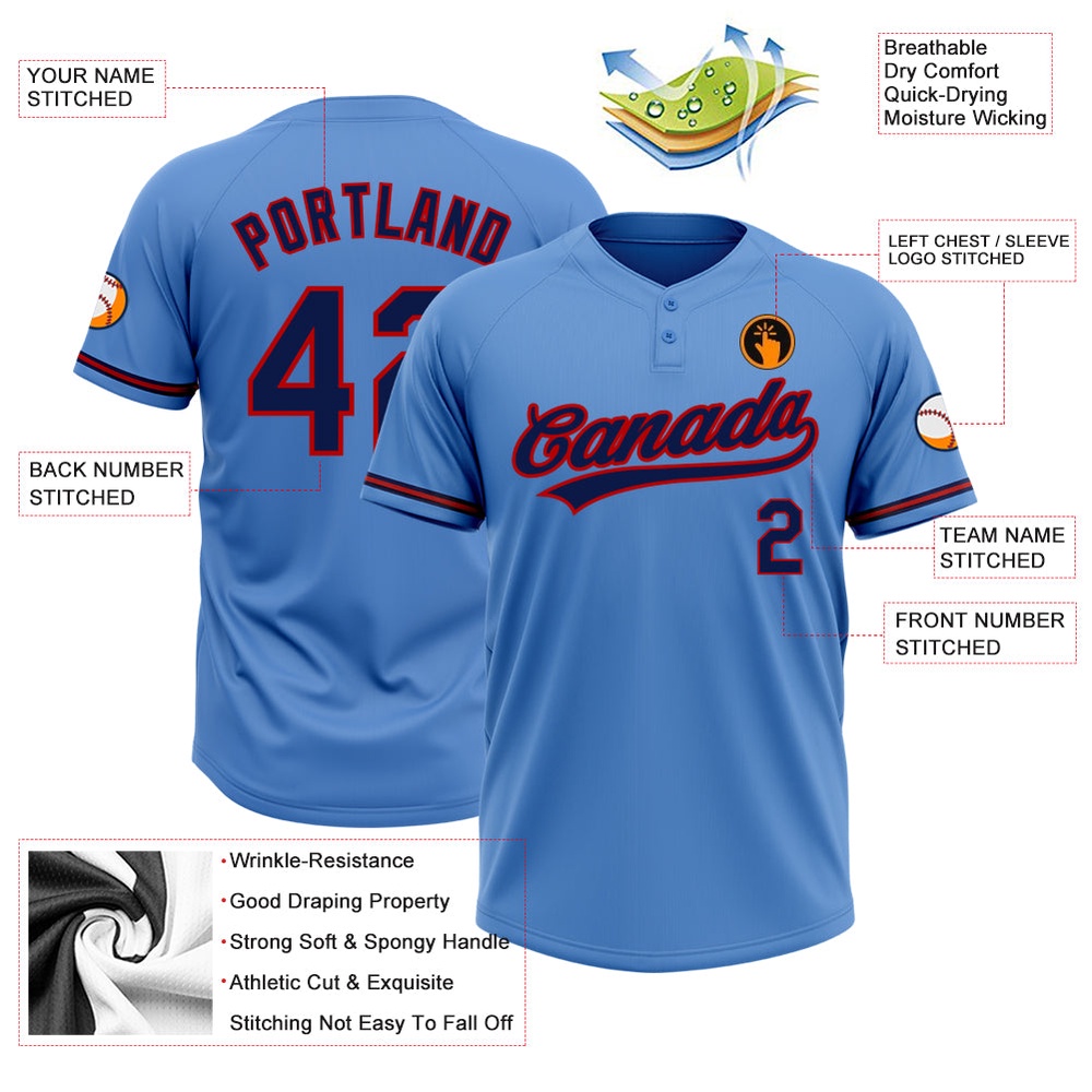 Powder Blue Navy Red Two Button Unisex Softball Jersey, Custom Team Softball Jersey