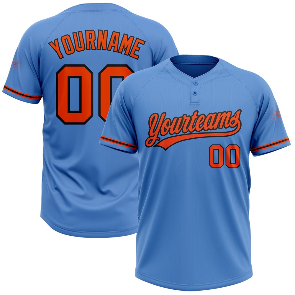 Powder Blue Orange Black Two Button Unisex Softball Jersey, Custom Team Softball Jersey Powder Blue Orange Black Two Button Unisex Softball Jersey, Custom Team Softball Jersey