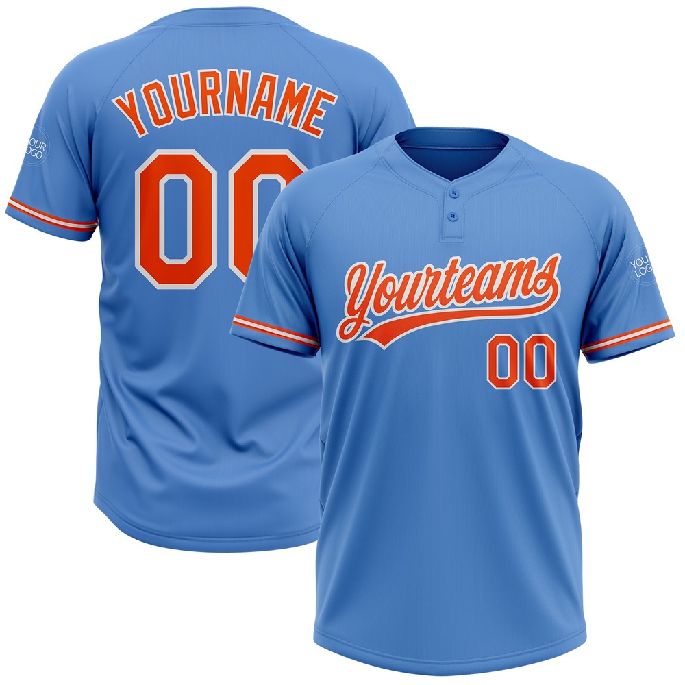 Powder Blue Orange White Two Button Unisex Softball Jersey, Custom Team Softball Jersey Powder Blue Orange White Two Button Unisex Softball Jersey, Custom Team Softball Jersey