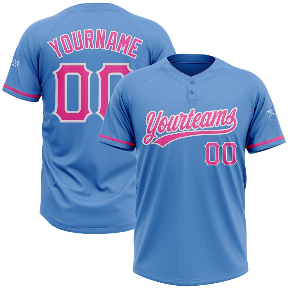 Powder Blue Pink White Two Button Unisex Softball Jersey, Custom Team Softball Jersey Powder Blue Pink White Two Button Unisex Softball Jersey, Custom Team Softball Jersey